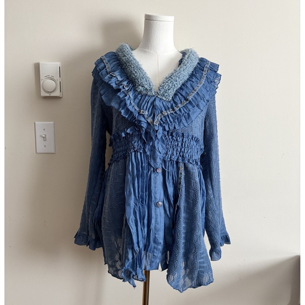 Pretty Angel Whimsigoth Fairy Boho‎ Hippie Sweater Cardigan Blue Linen Blend